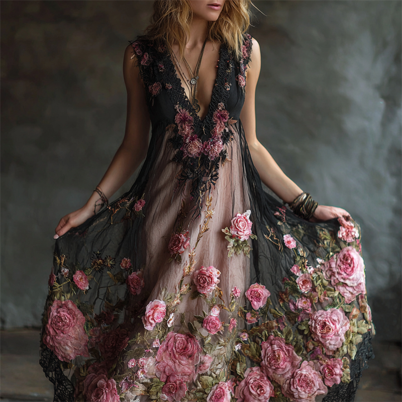 Comstylish Pink Roses Fiber Art Black Lace Flowy Dress
