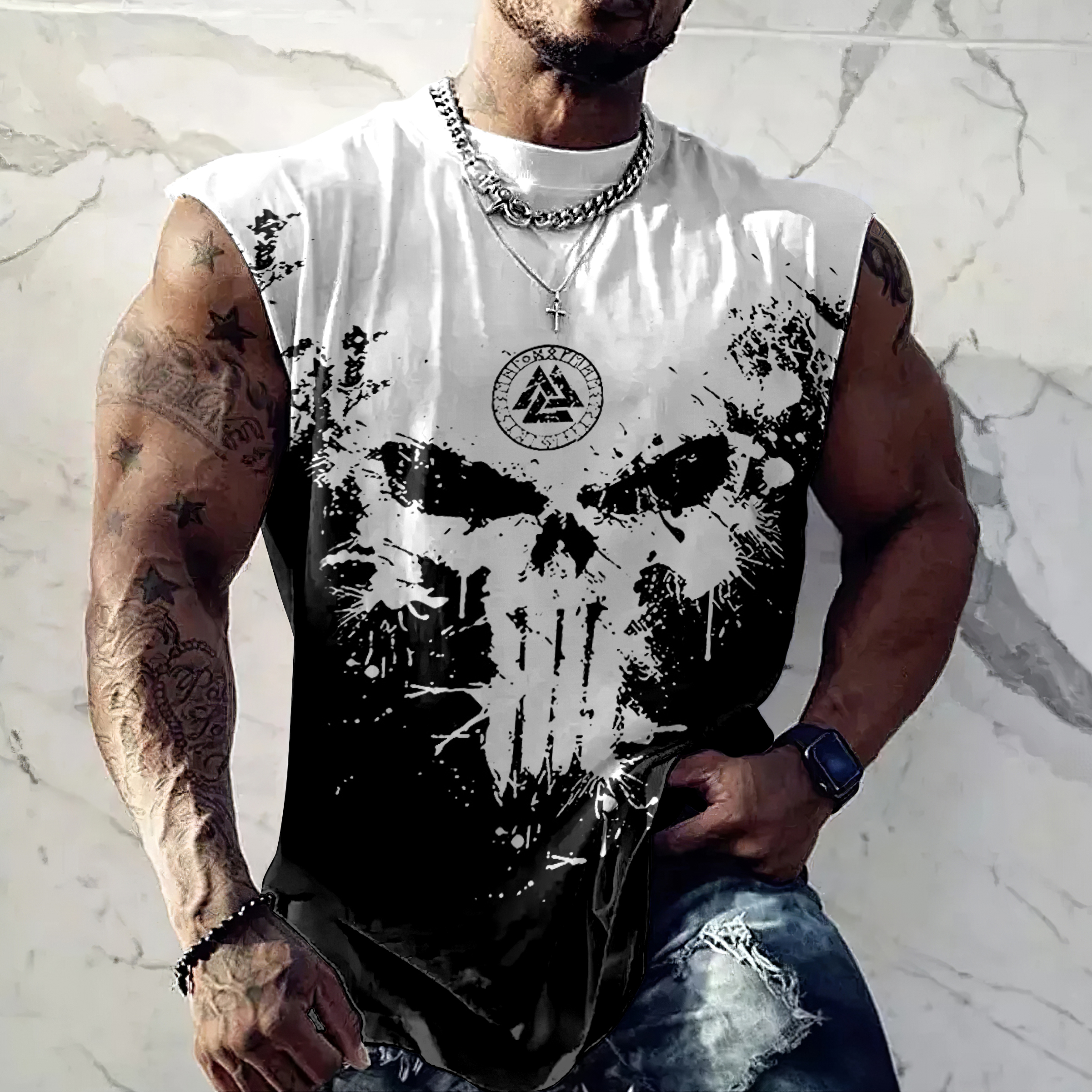 Viking Vegvisir Skull Contrast Color Print Men's Tank Top
