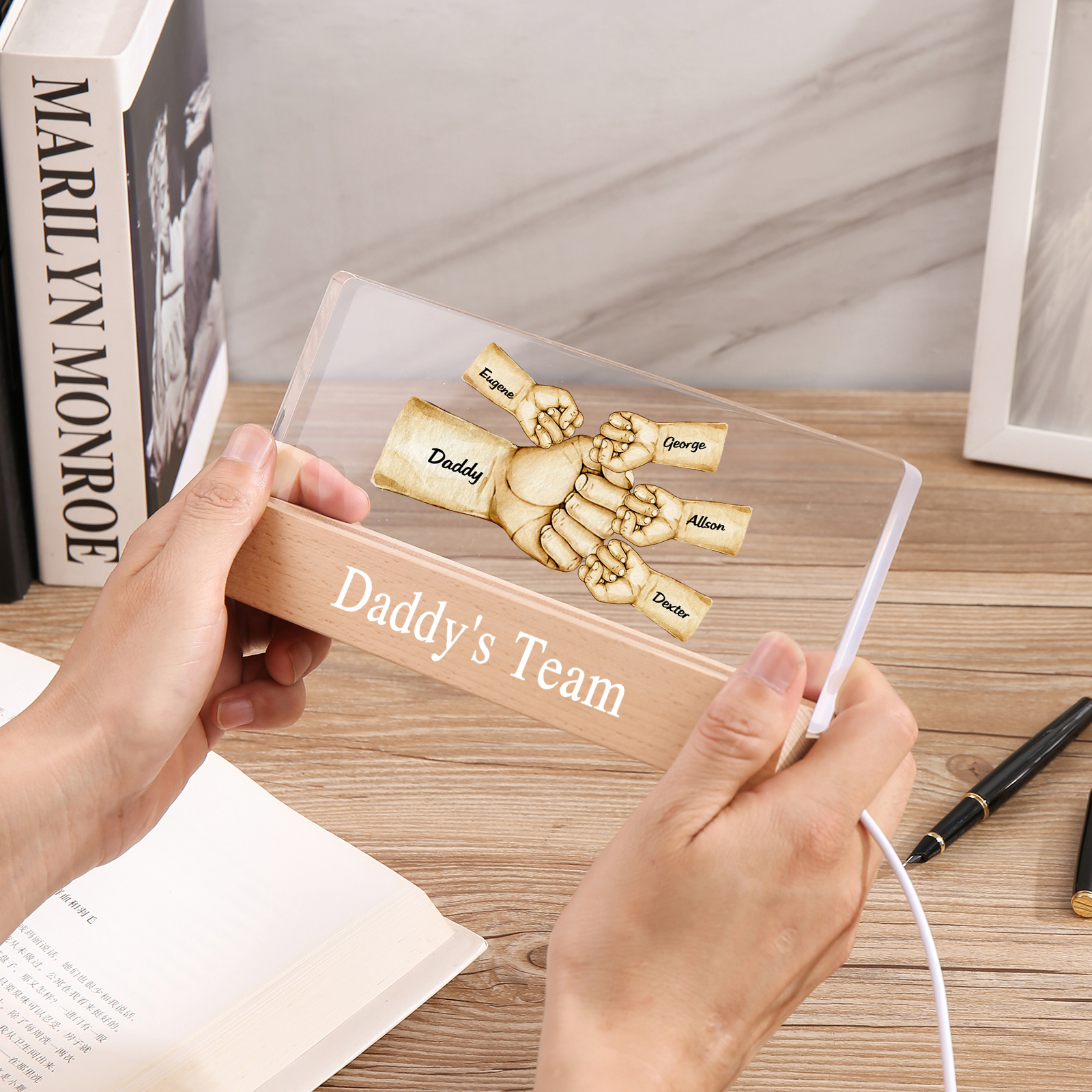 5 Names - Personalised Fist Bump Pattern Table Lamp Customized Text Father's Day Gift for Dad