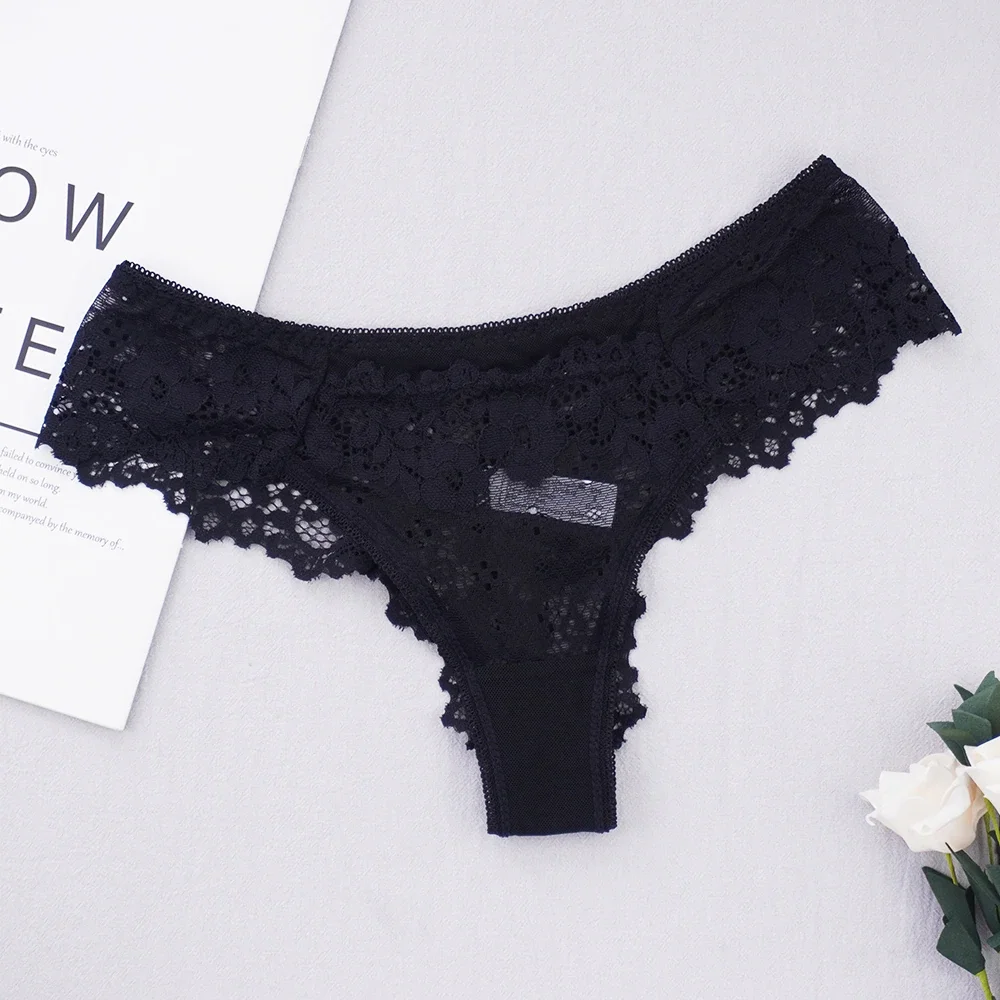 Billionm Sexy Lace Thong Low Waist Lace Transparent Panties Women Hollow out Breathable G String Briefs Bow Underwear Lingerie