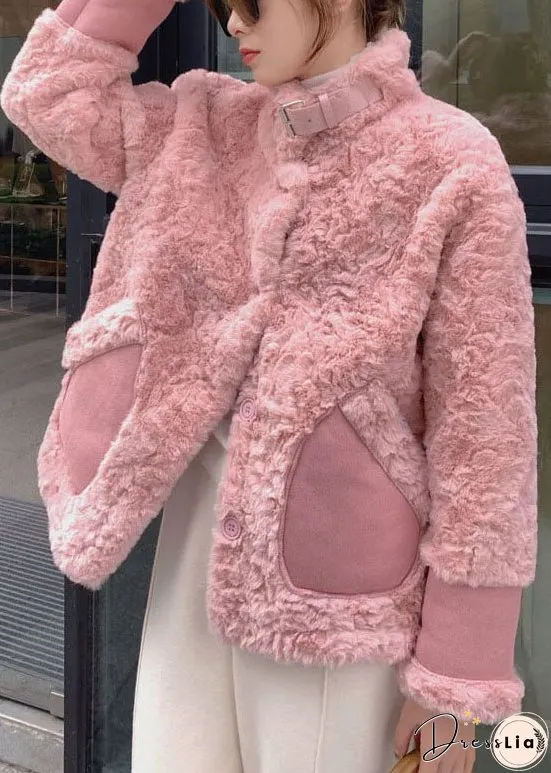 Women Pink Stand Collar Pockets Faux Fur Winter Coats