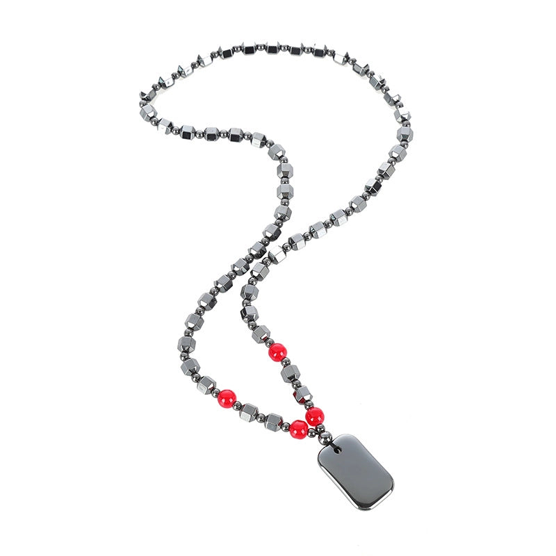 Chinoiserie Geometric Hematite Beaded Unisex Pendant Necklace