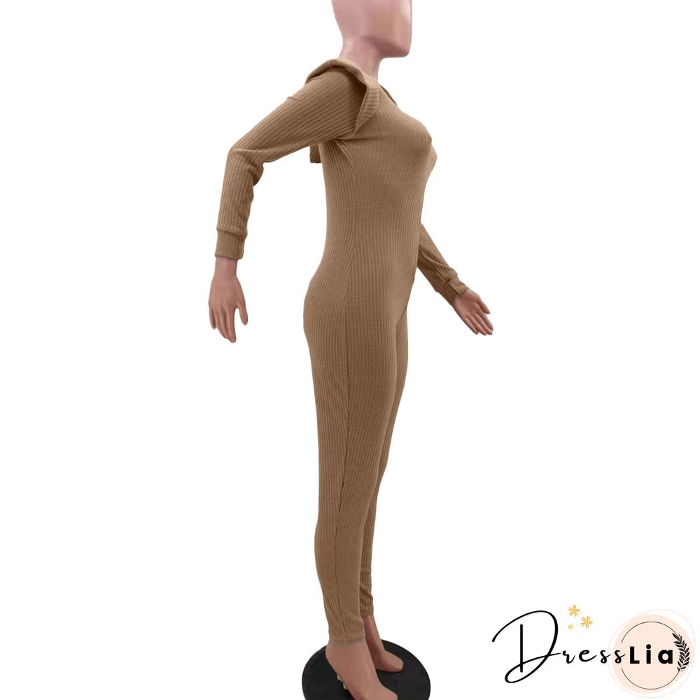 Knitted Long Sleeve Shoulder Padded Hooded Jumpsuit