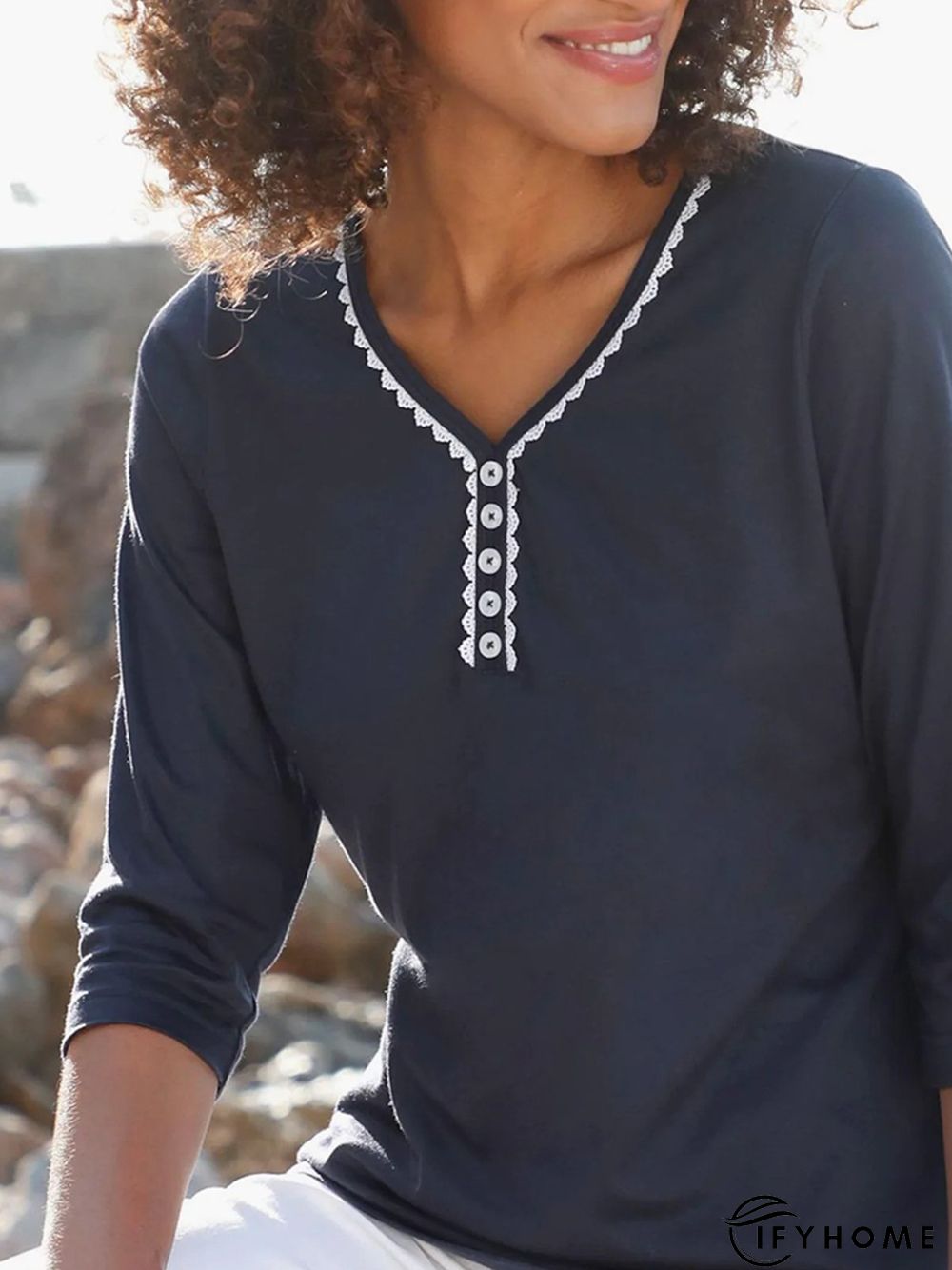 Plain Casual Lace Buttoned Three Quarter Loose T-Shirt | IFYHOME