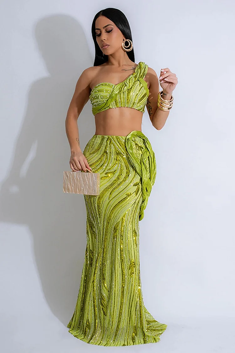 Sequin One Shoulder Crop Top Braided Design Maxi Skirt 2pcs Set-Green