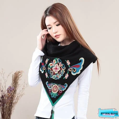 Cotton and linen necklaces in autumn and winter, retro Tibetan style, ethnic style, women's clothing, embroidered flowers, winter Scarf, shawls