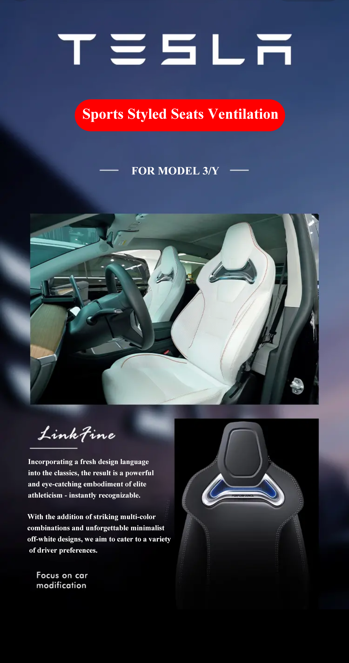 TESLASY Tesla Model 3Y Sportscar Style Seat Ventilated Cushion (Full seats)