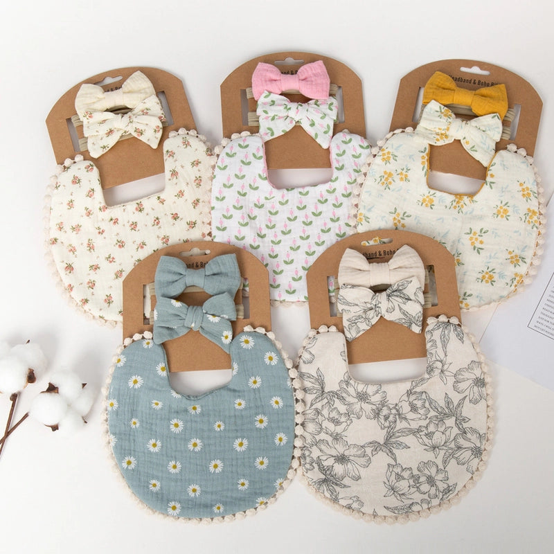New Baby Printed Bib Double-layer Gauze Baby Cotton Bib Children Bow Headband Suit