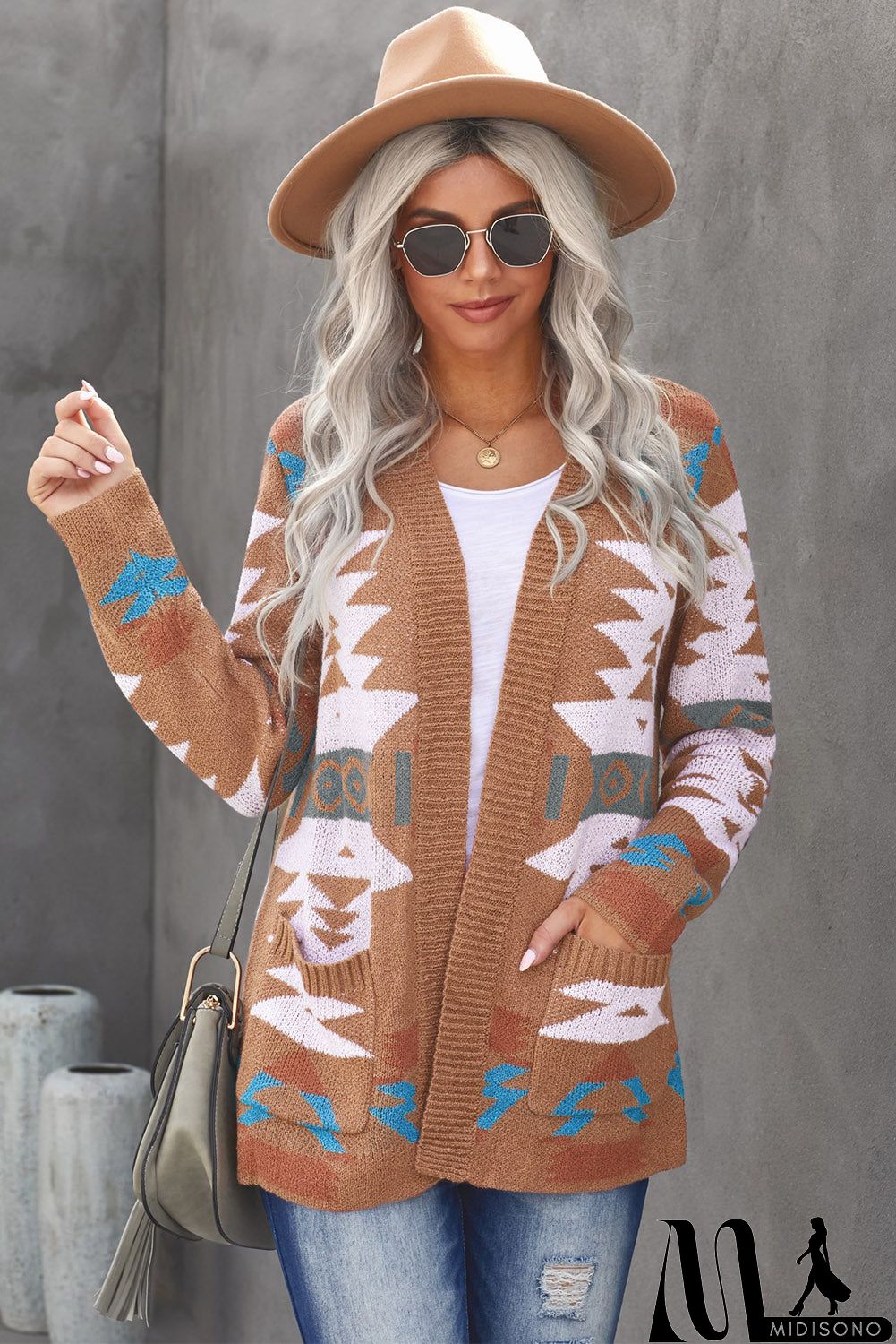 MidiSono - Brown Moraga Pocketed Aztec Cardigan