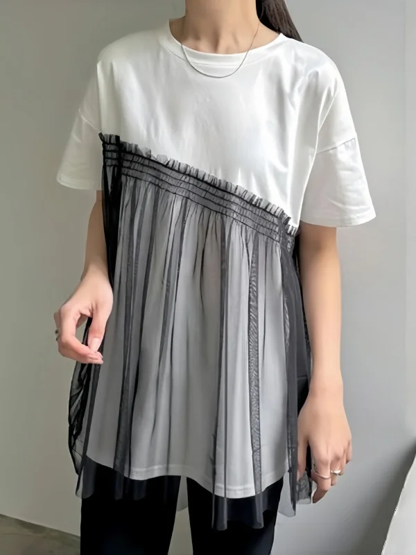 Asymmetric Mesh Split-Joint Loose Short Sleeves Round-Neck T-Shirts Tops