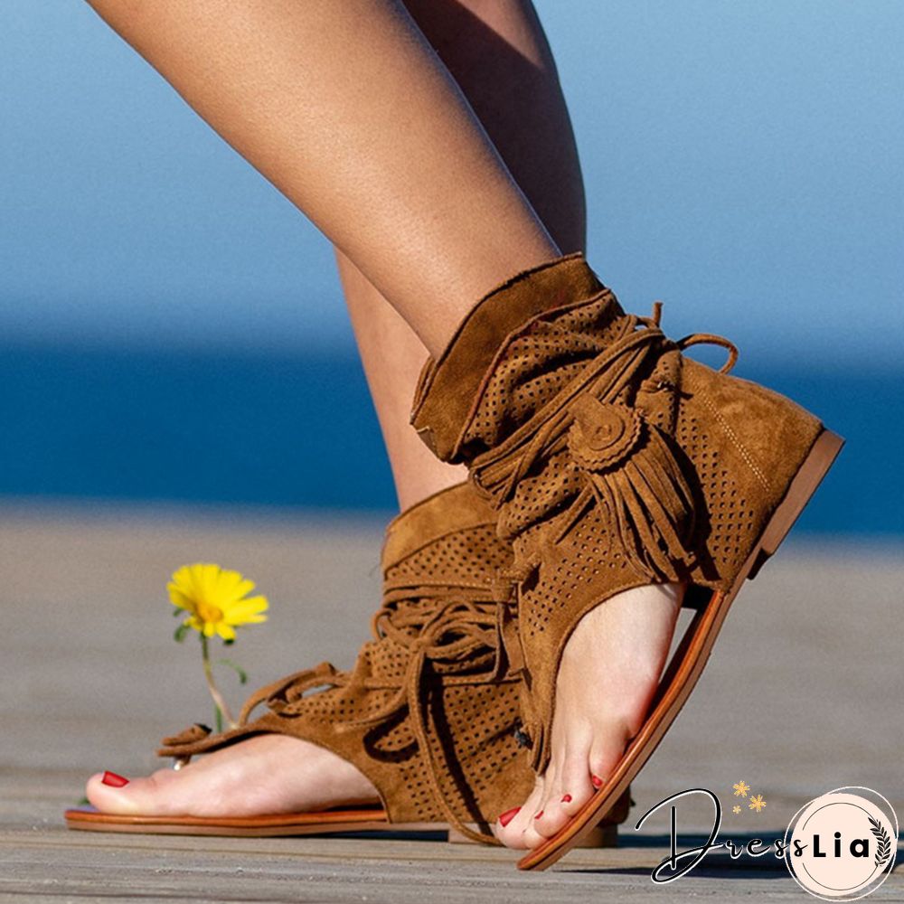Retro Women Fringe Flower Wedges Shoes Solid Flock Beach Casual Sandals Women Summer Flip Flop Sandals