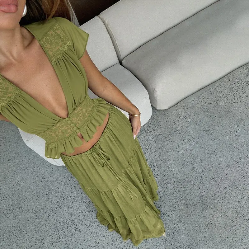 Women Summer Short Sleeve V Neck Tops Long Skirt Beach Vacation Chiffon Two Piece Set Outfit Women Summer Short Sleeve V Neck Tops Long Skirt Beach Vacation Chiffon Two Piece Set Outfit