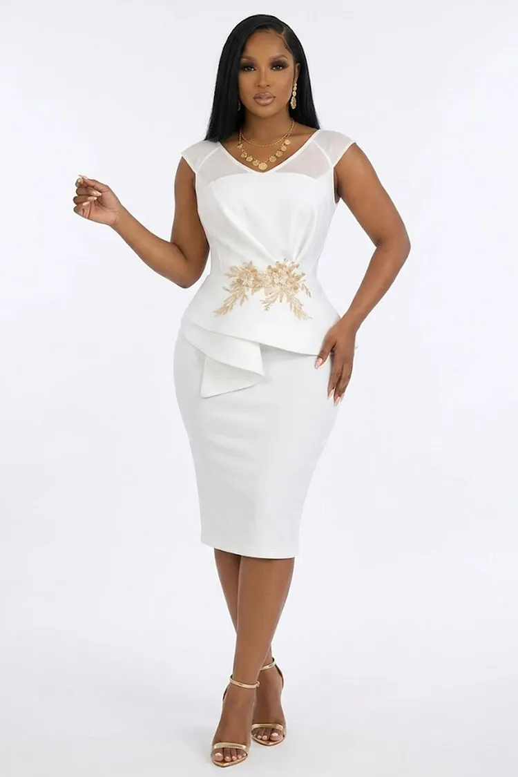 V Neck Ruffle Cinch Waist Embroidery Floral Bodycon Midi Dresses-White