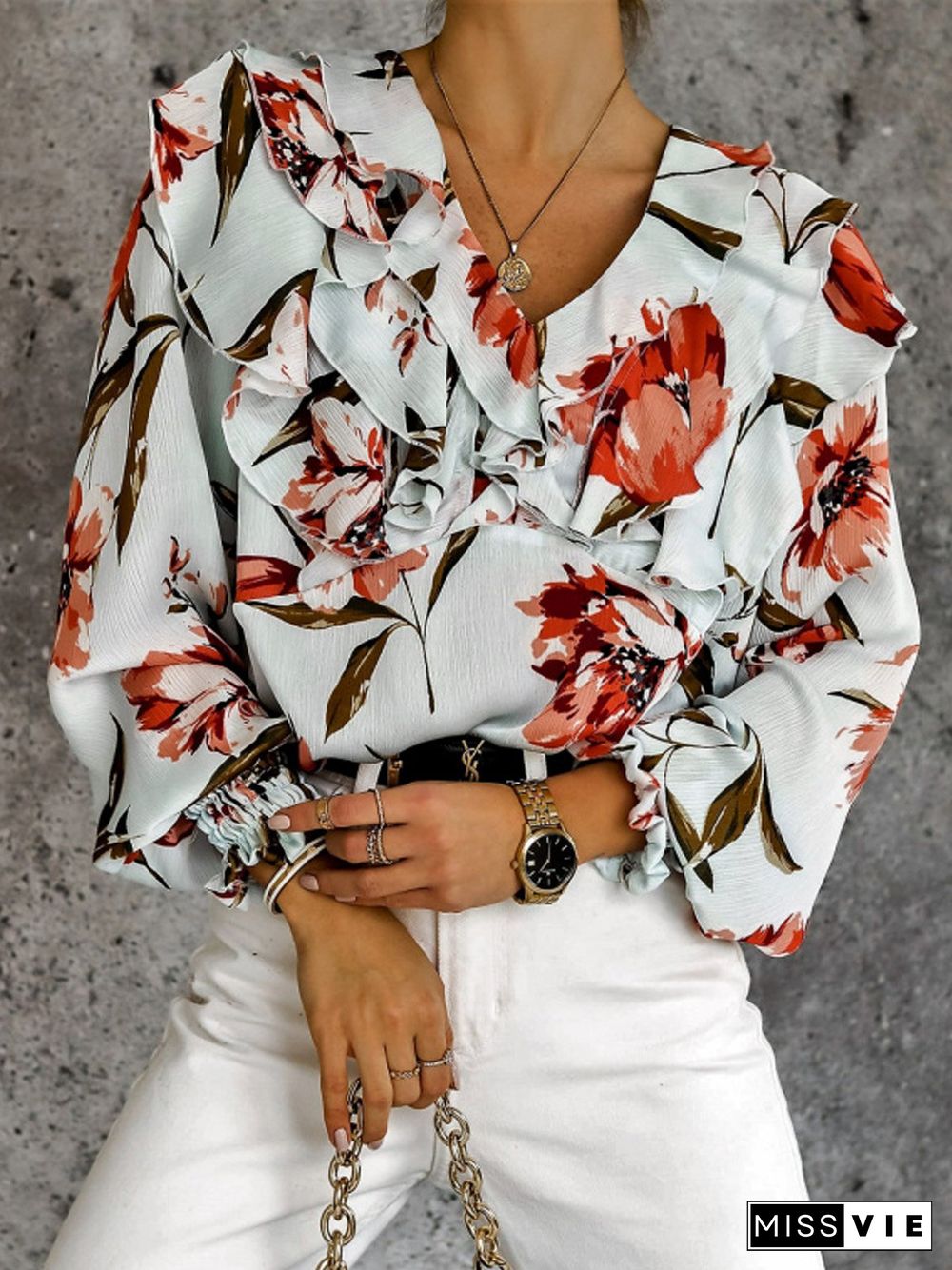 Casual Floral Autumn Polyester V neck Loose Long sleeve Regular Regular Tops for Women