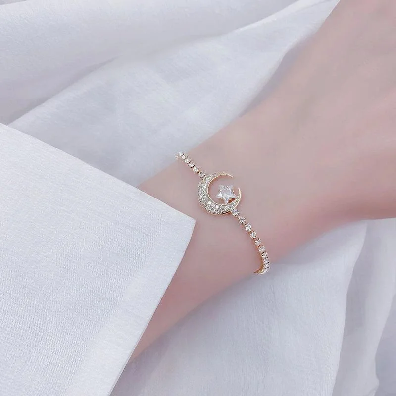 Delicate Zircon Bejeweled Crescent Moon and Star Bracelets