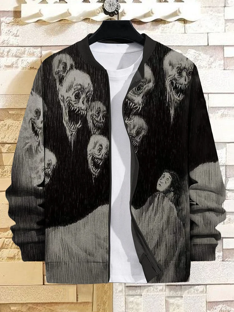 Men's Horrible Skull Halloween Print Casual Zip Up Jacket