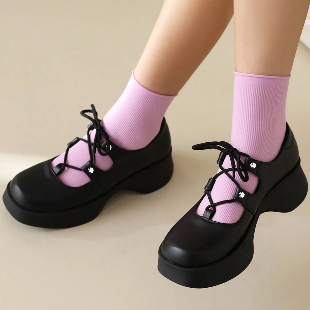 Black Round Toe Lace Up Mary Jane Shoes Platform Lug Sole Flats Nicepairs