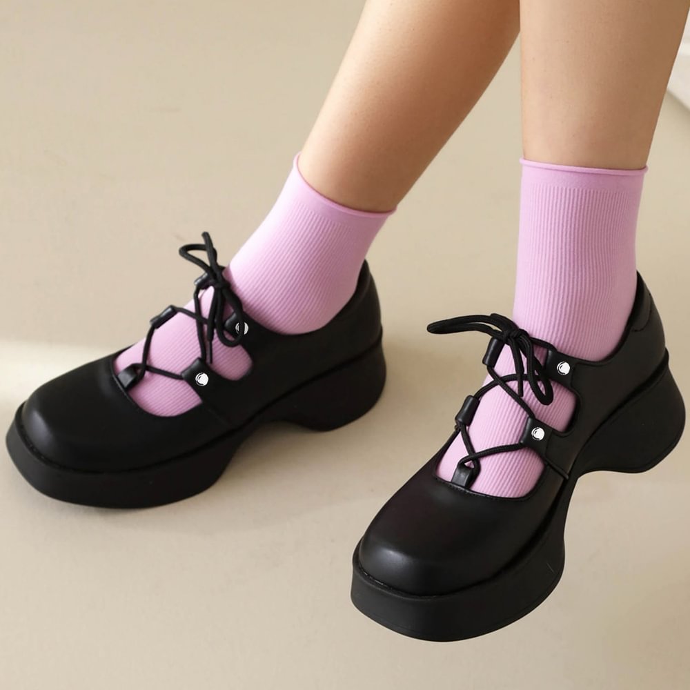 Black Round Toe Leather Lace Up Oxford Shoes Platform Lug Sole Flats Nicepairs