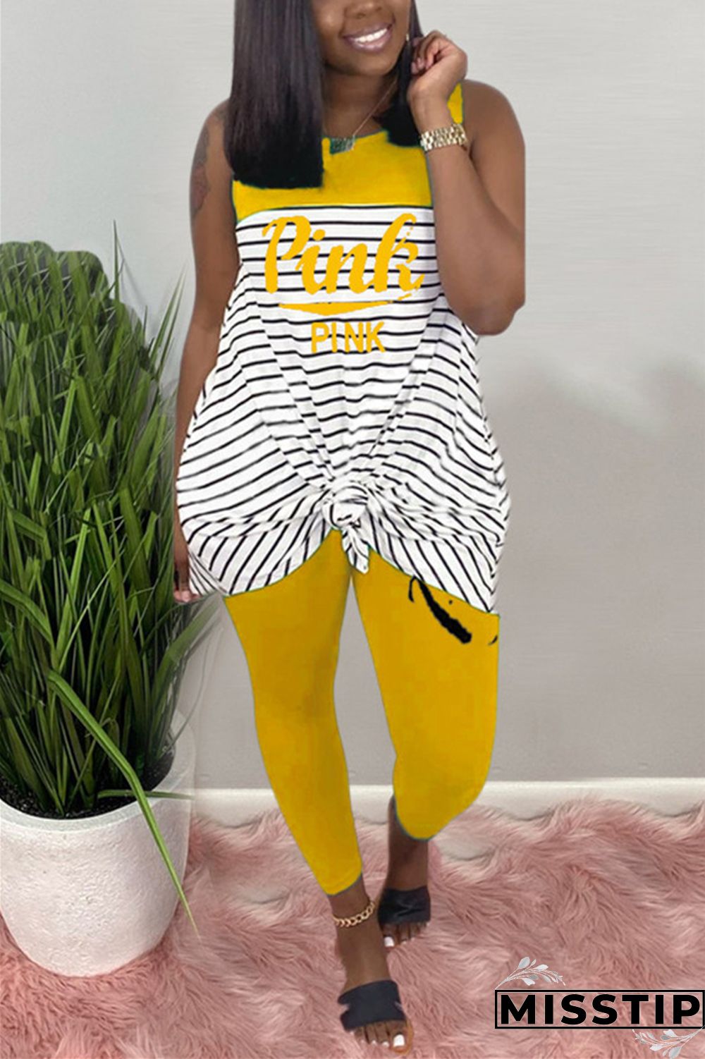 Pink Fashion Casual Striped Letters Printing Sleeveless Set
