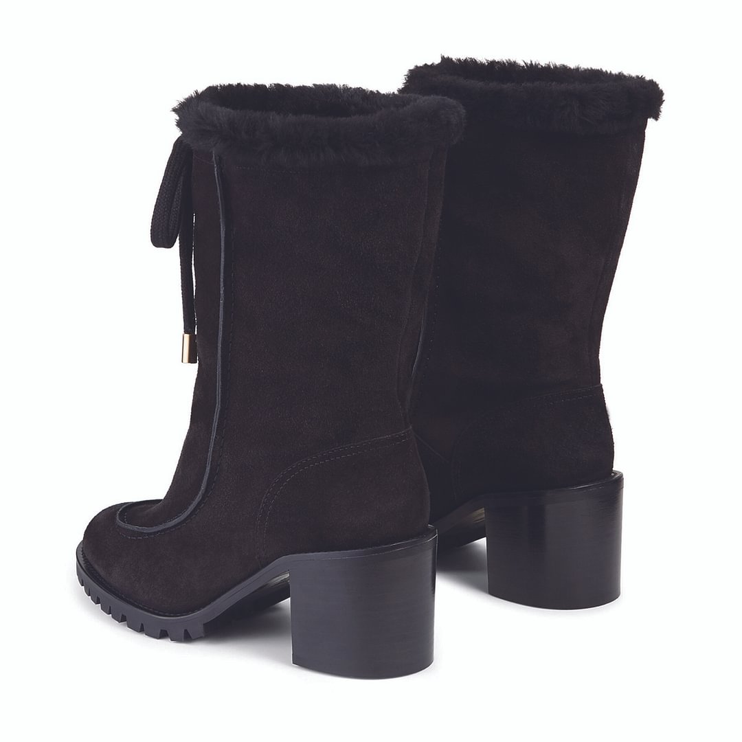 Black Tie Styling Faux Fur Round Toe Block Heeled Ankle Boots