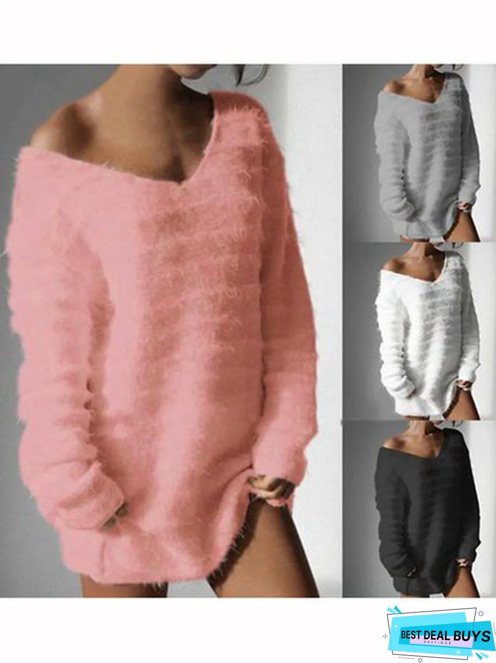Women V Neck Fuzzy Sweater Solid Cashmere Fleece