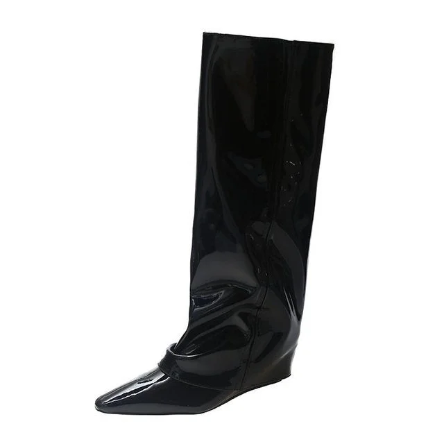 Women Knee High Boots Luxury Brand Designer Patent Leather Zipper Wedges Pointed Toe High Heels Winter Fashion Soft Warm 2021