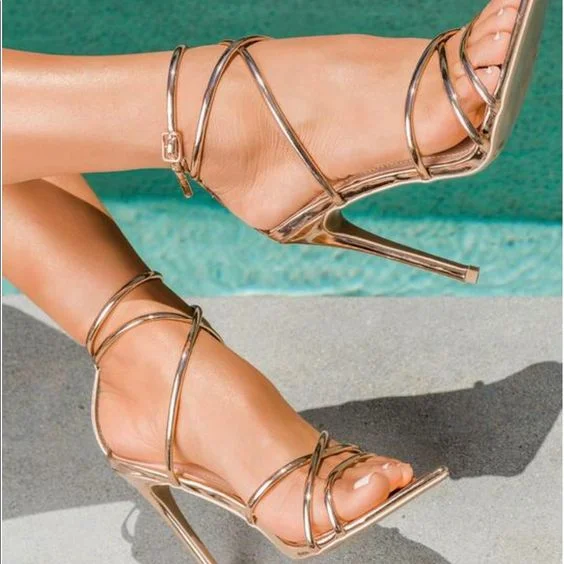 Gold Strappy Stiletto Heel Sandals with Metallic Finish Vdcoo