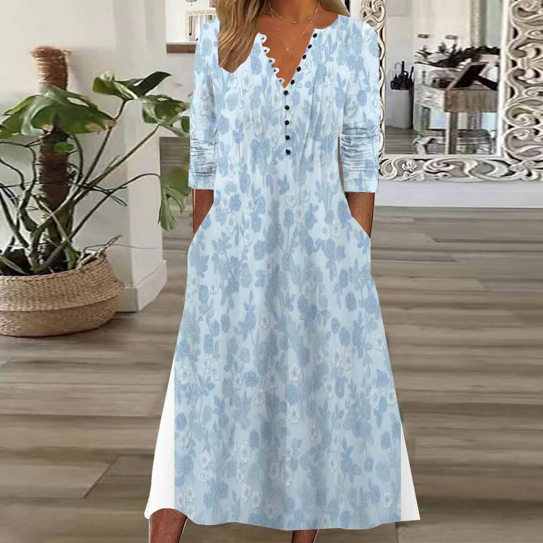 Women Floral,Blue DZHB8214 Long Sleeve V-Neck Graphic Printed Midi Dress