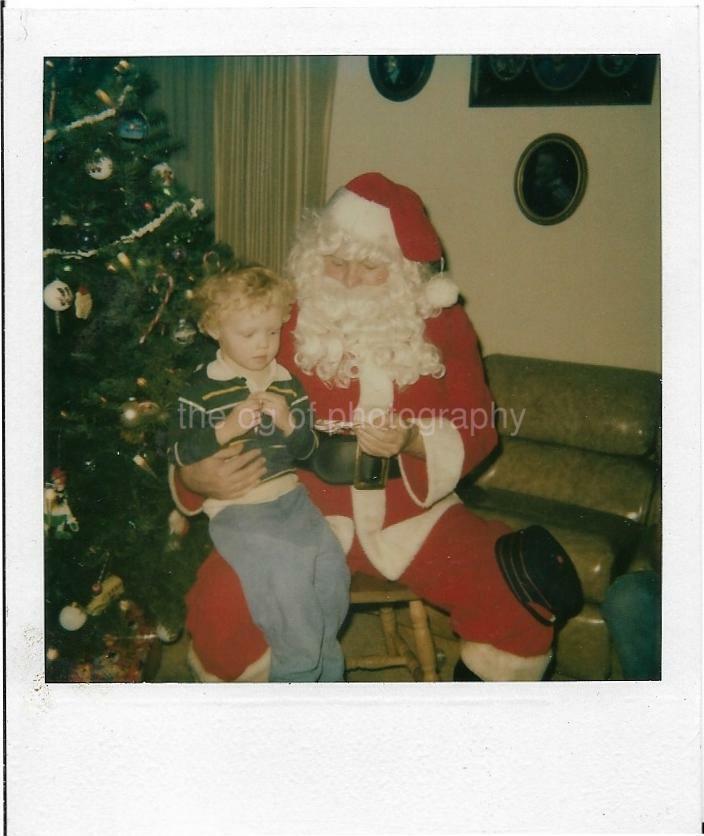 CHRISTMAS BOY AND SANTA CLAUS Vintage COLOR POLAROID Found Photo Poster painting TREE 01 19 ZZ