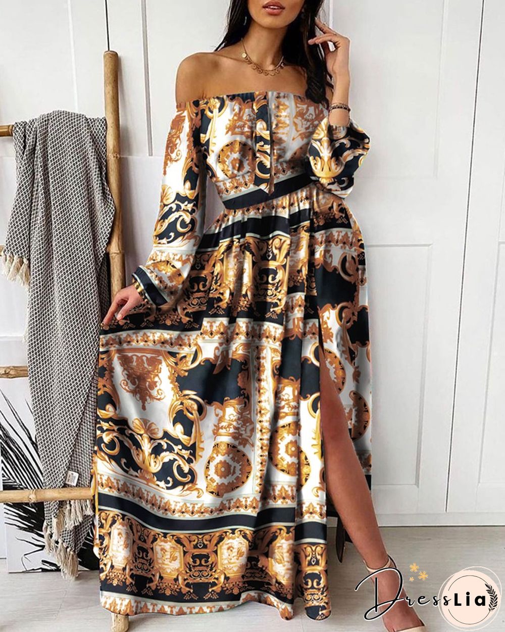 V-neck Pullover Vintage Large Swing Split Print Dress