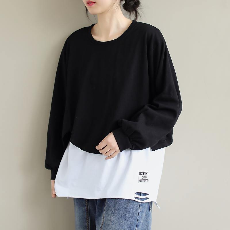 VCSHOES Patchwork cotton SpringBlouse Neckline Black Shirts