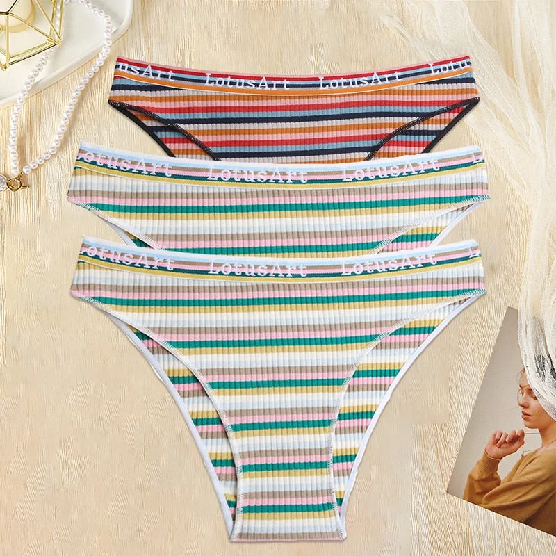 FINETOO 3PCS/Set Women Cotton Seamless Panties for Female M-XL Underwear Panty Sexy Colorful Striped Lingerie Letter Waist Brief