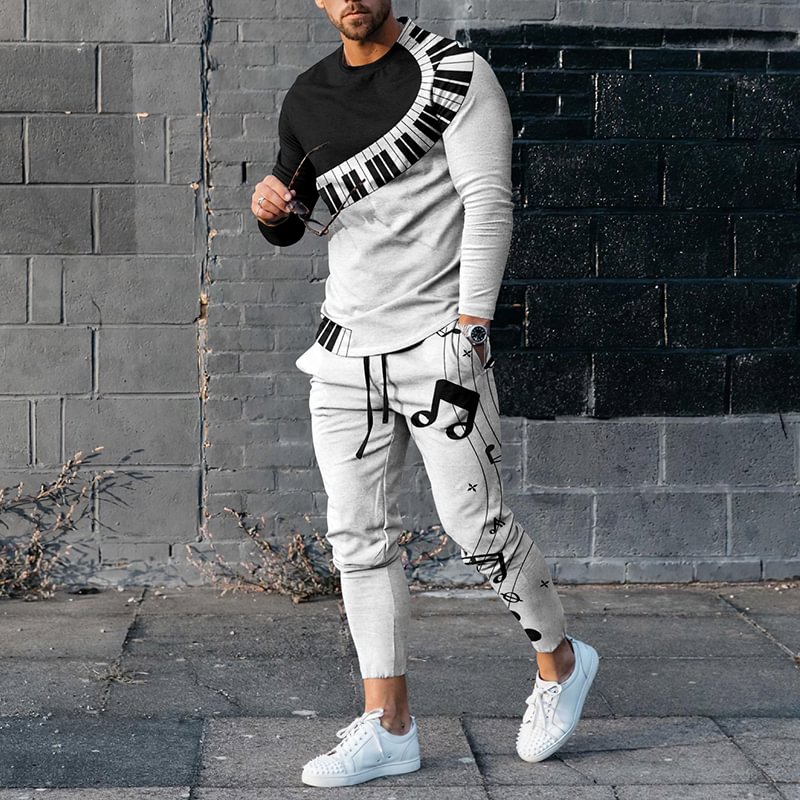 Men'S Piano Note Print Long Sleeve T-Shirt And Pants Co-Ord
