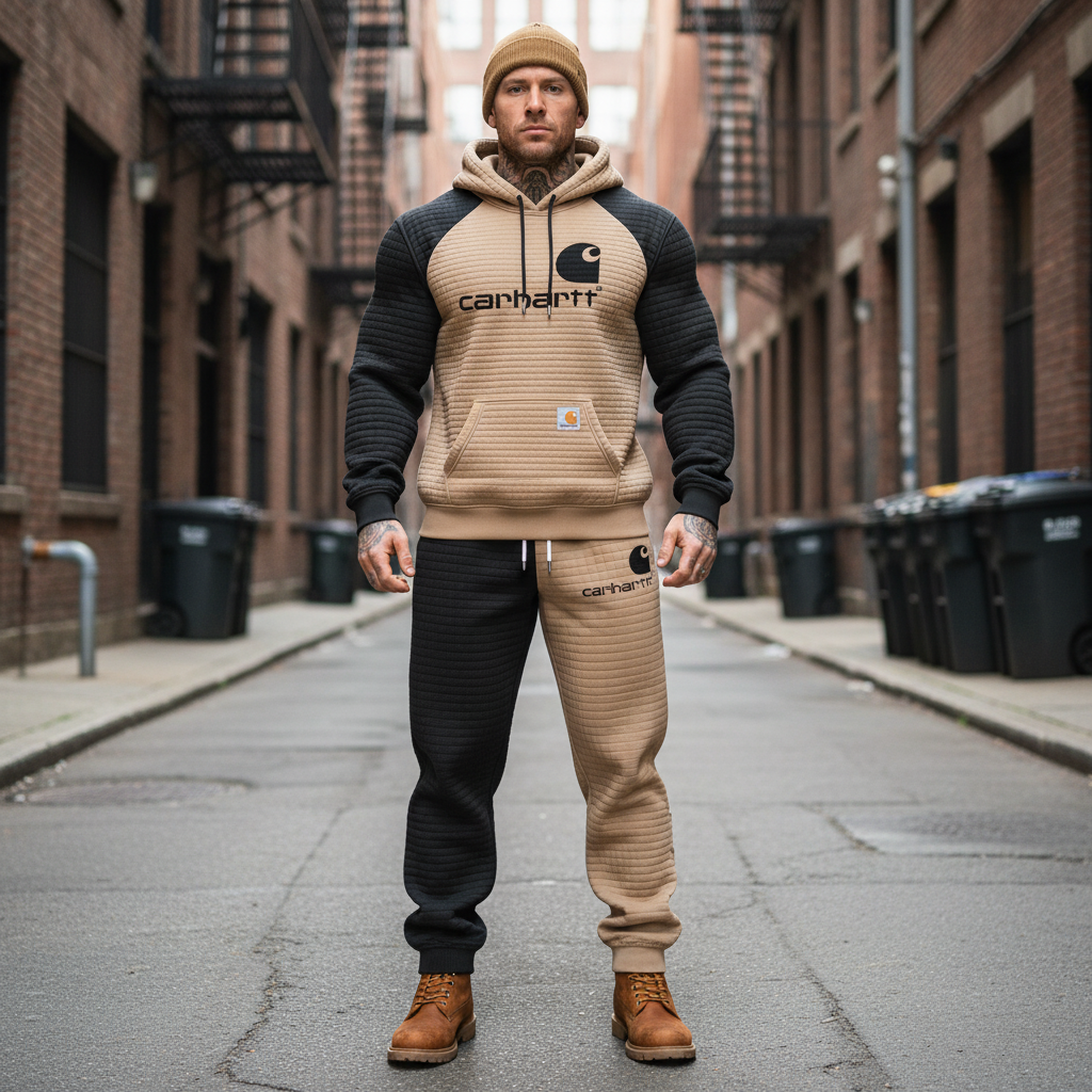 Men's Vintage Black Khaki Waffle Quilted Plaid Pocket Hoodie And Sweatpants Jogger Set