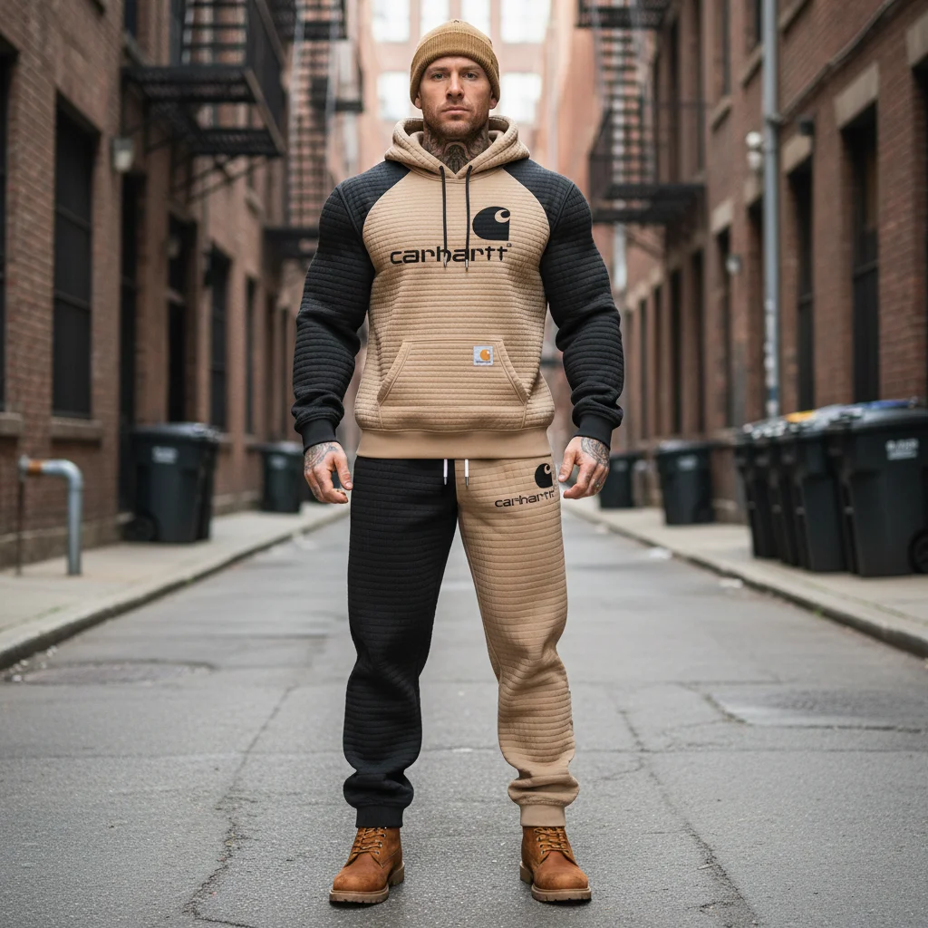 Men's Vintage Black Khaki Waffle Quilted Plaid Pocket Hoodie And Sweatpants Jogger Set