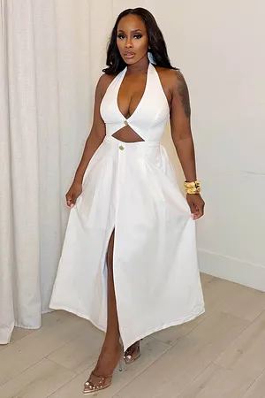 high slit casual maxi dress Vacation Casual Dress White Lace Deep V High Slit Maxi Dress-chiclody, White  S