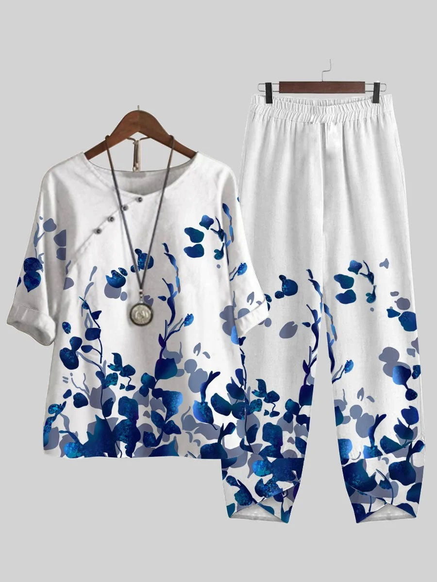 Blue Leaf Print Top And Pants Two-piece Suits