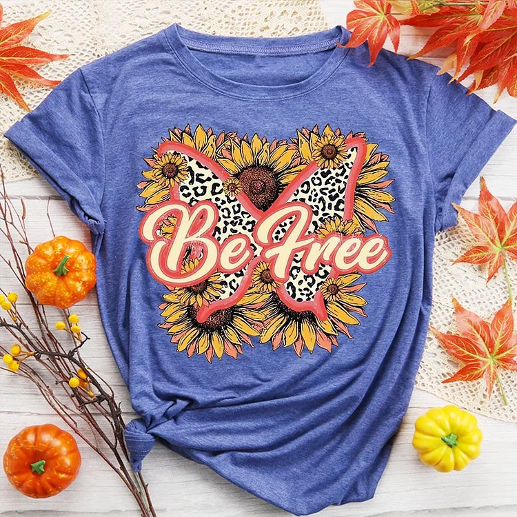 Sunflower Butterfly Round Neck T-shirt-0018595