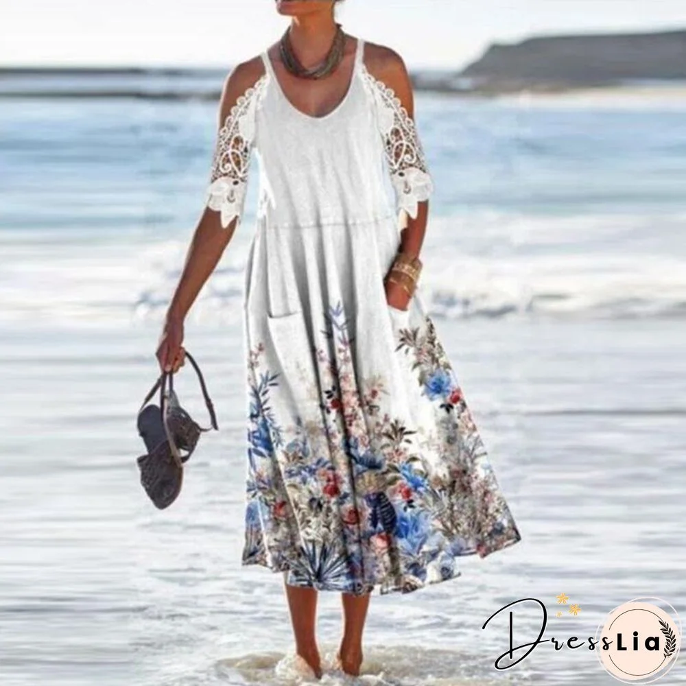 Vintage Floral Print Pocket Dress Women Casual Lace Patchwork O Neck Hollow Dress Lady Fashion Sling Off Shoulder Loose Dresses