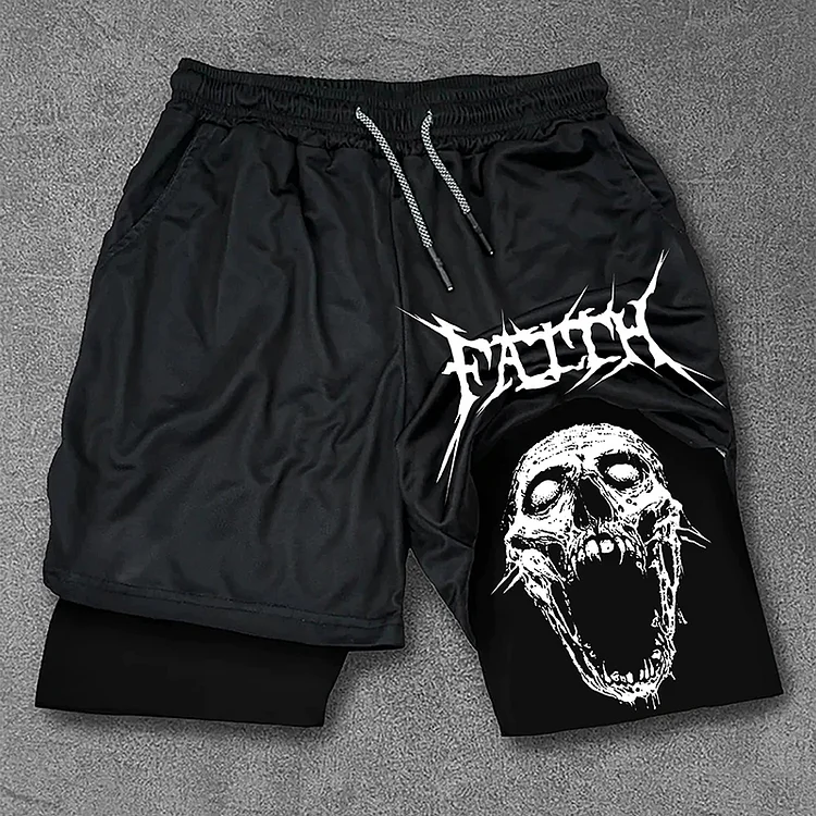 Street Faith Horror Skull Print Double Layer Drawstring Gym Shorts SOPULA