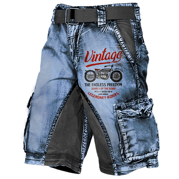Men's Plus Size Vintage Motorcycle Racing Distressed Wash Print Multi-Pocket Tactical Shorts / TECHWEAR CLUB / Techwear