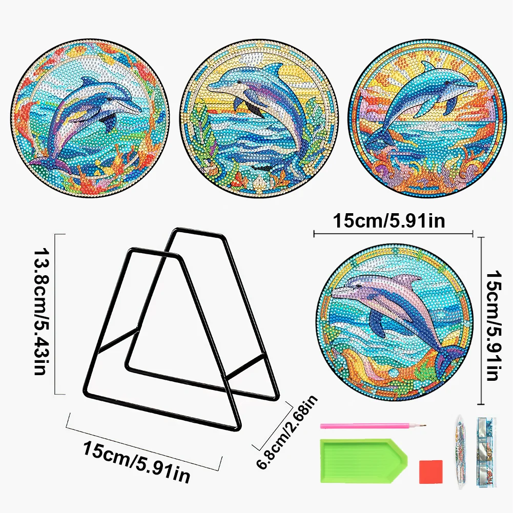 4pcs DIY Dolphin Wooden Diamond Painting Placemats Kitchen Dish Mat with Holder