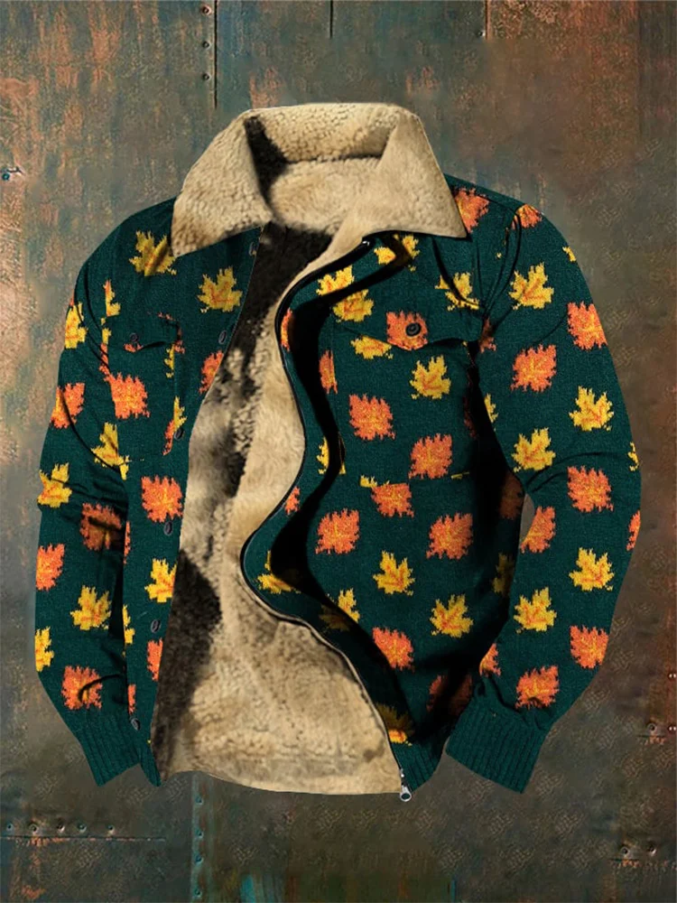 Men's Halloween Maple Leaf Design Printed Lapel Zipper Top