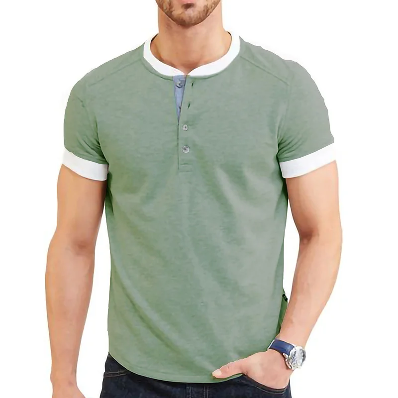 Men's Short Sleeve Henley T-shirt  Vintage Style with Green, Grey & More Colors