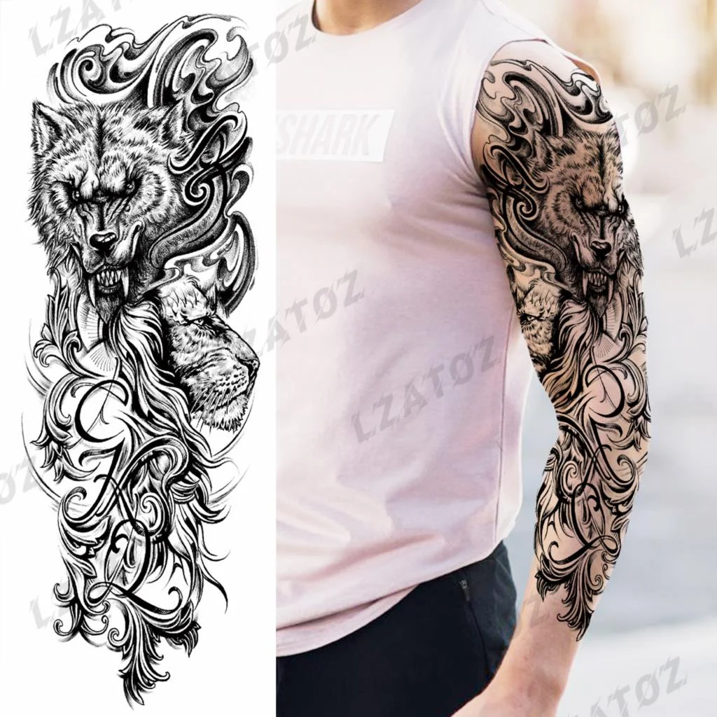 Sdrawing Sleeve Temporary Tattoos For Men Women Realistic Pirate Ship Wolf Tiger Skull Rose Flower Fake Tattoo Sticker Arm Tatoos