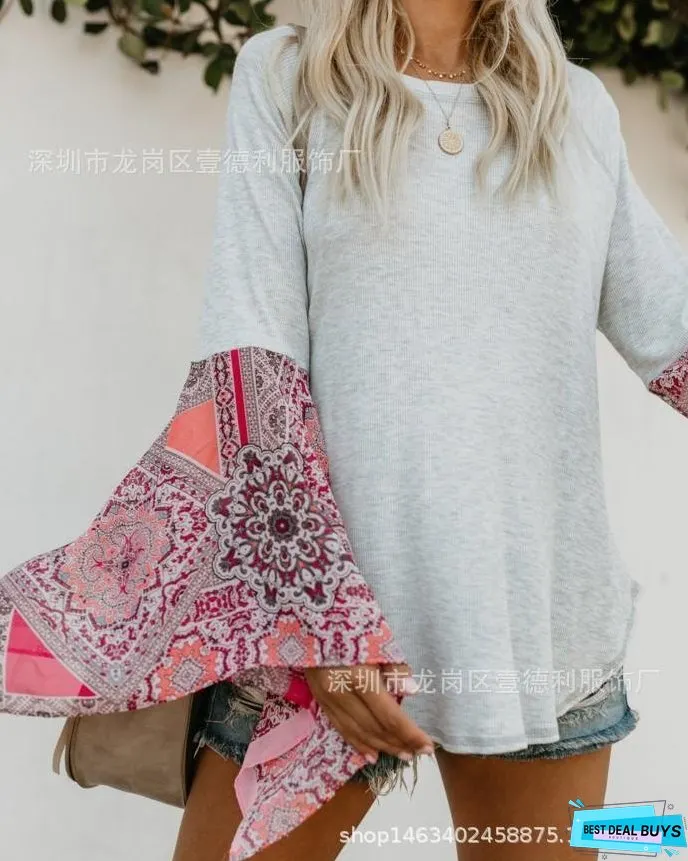 Autumn Solid Color Round Neck Long Sleeve Print Loose Stitching Top