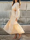Simple Solid Color Belly-Hollow Long Sleeve A-Line Midi Dress