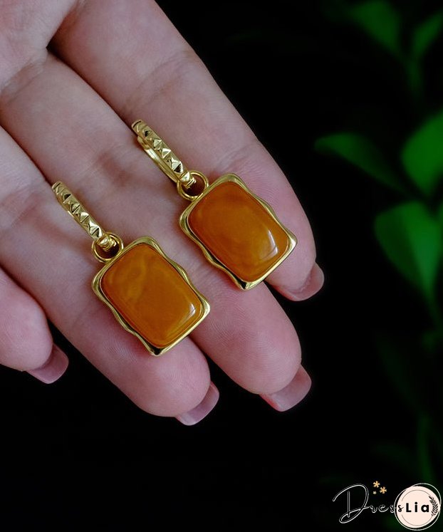 Handmade Orange Sterling Silver Overgild Beeswax Square Hoop Earrings