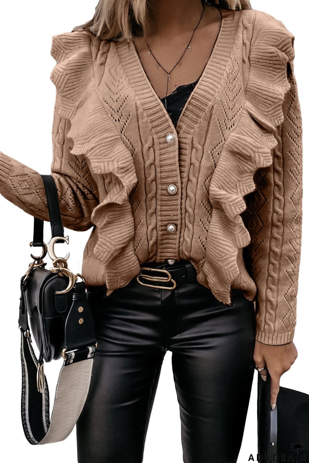 Ruffled Buttoned Open Front Knitted Sweater