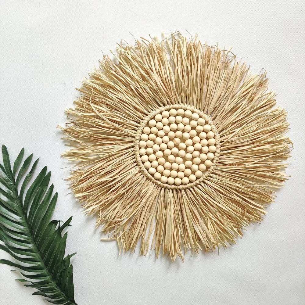 INS Nordic Round Woven Raffith Straw Mirror Moroccan Wood Beads Hanging Makeup Mirrors Wall Ornaments Homestay Home Decor Crafts